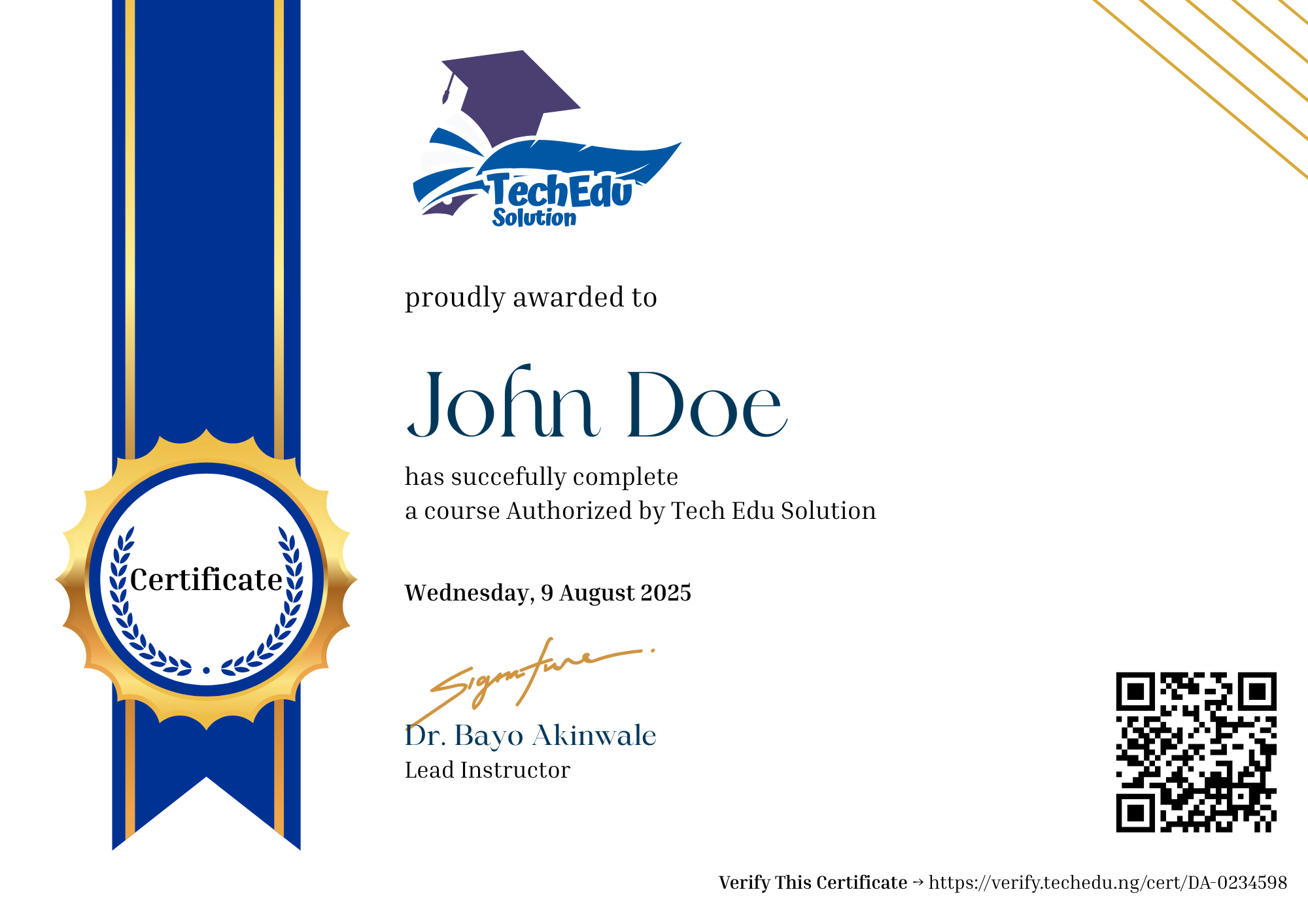 Certificate of Achievement sample